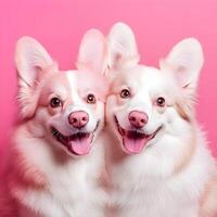 Two dogs are smiling in front of a pink background photo