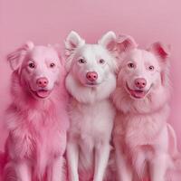 Three dogs are posing for a photo in front of a pink background