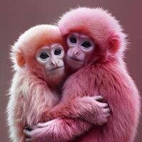 Two pink monkeys hugging each other photo