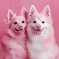 Two white dogs are posing for the camera photo