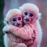 Two white monkeys hugging each other in front of a pink background photo