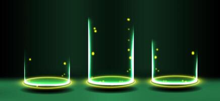 Cool glowing glass containers with ethereal lights in a dark setting creating a mystical ambiance. vector