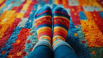 A person wearing colorful socks on a colorful rug photo