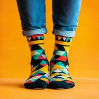 A woman wearing colorful socks with geometric designs photo