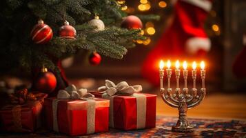 Hanukkah menorah and presents under the christmas tree photo
