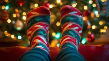 A person wearing socks with christmas lights on them photo