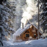 A cabin in the woods with steam coming out of the chimney photo