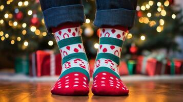 A person wearing red and green socks standing in front of a christmas tree photo