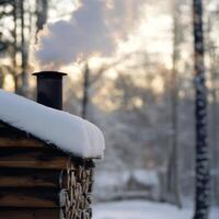A steam pipe coming out of a log cabin photo