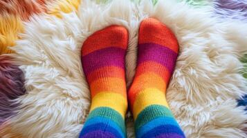 A person wearing colorful socks on a furry rug photo