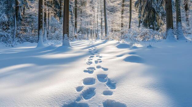 Footprints in the snow in a forest photo