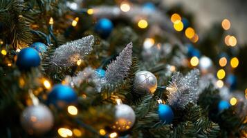 A christmas tree with blue and silver ornaments photo
