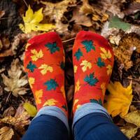 Autumn socks with autumn leaves photo