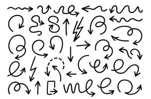 Collection of hand-drawn arrows in various curved, spiral, zigzag, and loop styles on a white background, ideal for creative design and presentation elements vector
