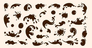 Set of brown splatter shapes and splash effects on a beige background, representing chocolate, mud, or paint in various abstract forms and dynamic motion styles vector
