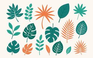 Flat collection of various tropical and botanical leaves in green and orange colors on a light background vector