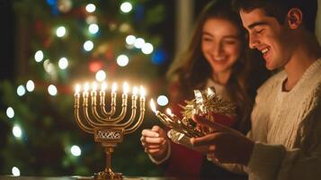 A young couple lighting a menorah in front of a christmas tree photo