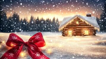 Christmas background with a log cabin and a red bow photo
