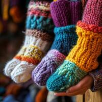 A close up of a person holding a pair of colorful knitted socks photo