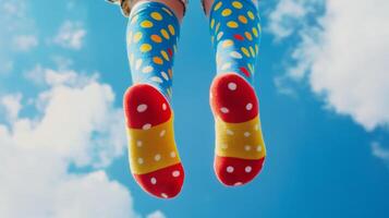 A person wearing colorful socks in the air photo