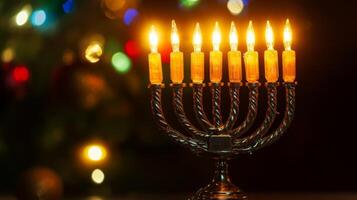 A menorah is lit with candles on a table photo