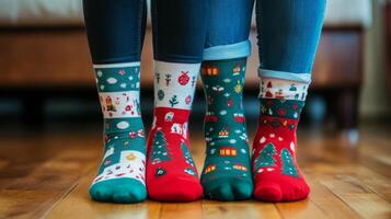 Two women wearing christmas socks on their feet photo