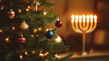 A menorah is lit in front of a christmas tree photo