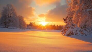 A snowy field with trees and the sun setting photo