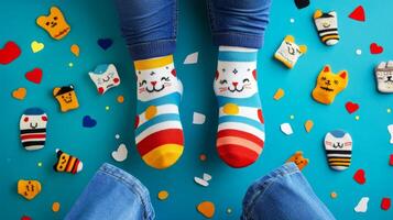 A person wearing colorful socks with cat faces photo