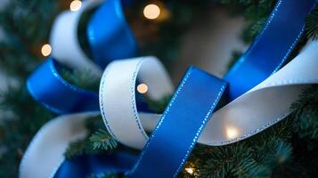 A blue and white ribbon is wrapped around a christmas tree photo