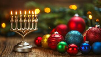 Hanukkah menorah and christmas ornaments on wooden table photo