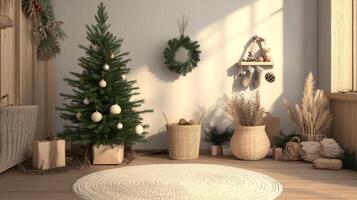 Christmas interior with a christmas tree and wreaths photo