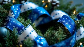 A wreath with blue and white ribbons photo