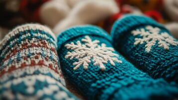 Two pairs of knitted mittens with snowflakes on them photo