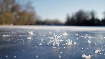 Snowflakes on the ice of a frozen lake photo