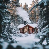 A small red cabin in the middle of a snowy forest photo