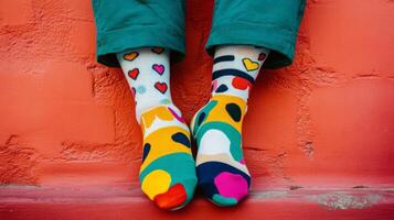 A person wearing colorful socks with hearts on them photo