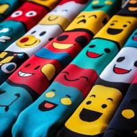 A pile of colorful socks with smiley faces photo