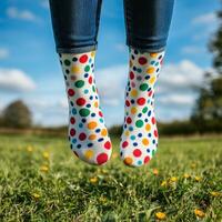 A person wearing colorful polka dot socks in the grass photo