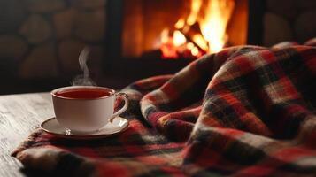 A cup of tea is placed on a plaid blanket in front of a fireplace photo