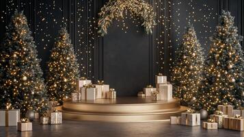 Christmas stage with golden christmas trees and gifts photo