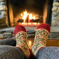 A person wearing socks with a fireplace in the background photo