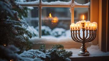 A menorah is lit in front of a window in the snow photo