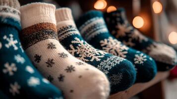 Socks lined up on a shelf with christmas lights photo