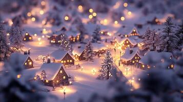 A small village in the snow with lights photo