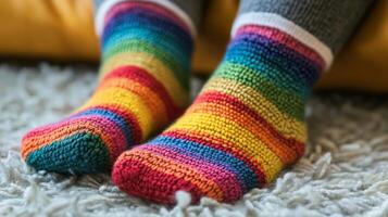 A person wearing colorful socks on a carpet photo