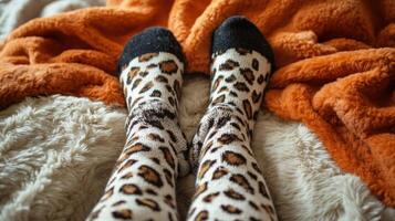 A person wearing leopard print socks on a bed photo