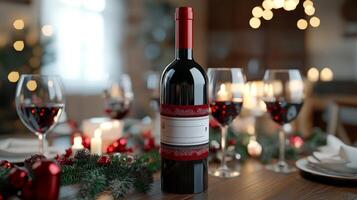 A bottle of wine sits on a table with wine glasses and candles photo