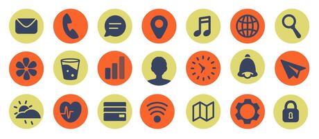 App icons set. Phone icon with editable stroke. Heart Rate, Weather, Messages, Watch, Map, contact, notification, settings, Water, Music icon. Colour Trendy symbols. Social media icon. vector