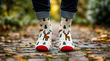 A woman wearing socks with reindeer on them photo